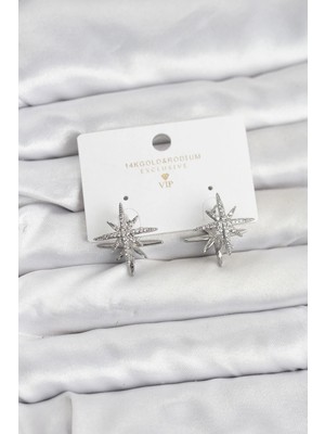 Venüs Shopping Mey Ithalat® Gümüş Renk Pirinç Çift Taraflı Kutup Yıldızı Kadın Küpe