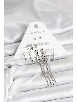 Venüs Shopping Mey Ithalat® Pirinç Gümüş Renk 6 Çift Kadın Küpe