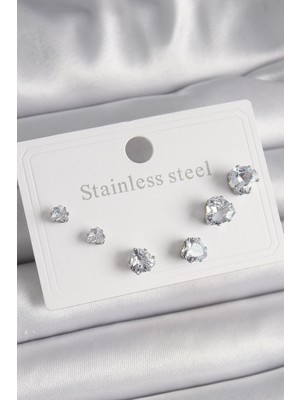 Venüs Shopping Mey Ithalat® 316L Çelik Gümüş Renk Zirkon Taşlı Kalp Model Kadın Küpe Seti