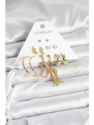 Venüs Shopping Mey Ithalat® Gold Renk Pirinç Kadın 6 Çift Küpe Seti