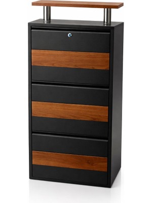 Moemi 3'lü Antrasit Metal Ayakkabılık Ahşap Ceviz Kaplamalı Desenli ve Üst Ahşap Tablalı ( Kilitli )