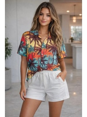 Antakya Yöresi Tropikal Palmiye Desenli Kısa Kol Gömlek Şort Takım Yazlık Rahat Kalıp - Desenli