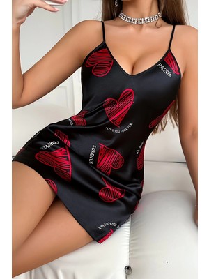 İsingir Shopping Büyük Kırmızı Kalp Desenli Siyah Saten Gecelik - IS002Y-7R73N9