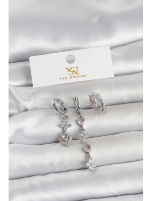 Hobilinka Mey Ithalat® Pirinç Gümüş Renk Pembe Zirkon Taşlı 3'lü Kadın Küpe