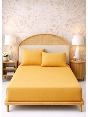 More Home Çift Kişilik Lastikli Çarşaf Seti Yastıksız Koyu Sarı