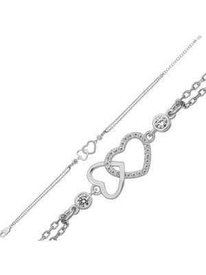 Gumush Gümüş Çift Kalp Zirkon Taşlı Kadın Bileklik