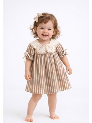 NoyNoy Baby Capucine Kız Bebek Elbise – %100 Pamuk, Çizgili Yakalı Model, Toka Hediyeli