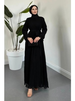 Merven Akyüz Velissa Pliseli Vatkalı Şifon Elbise Siyah