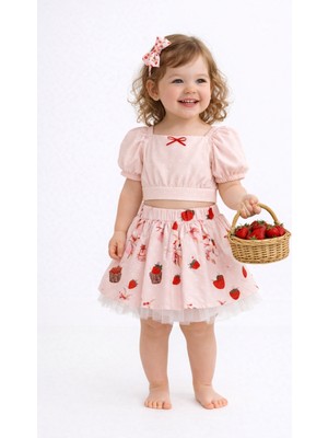 Cumino Bella Pembe Kız Çocuk 2'li Takım Crop Bluz & Çilek Desenli Etek