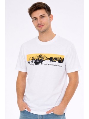 Zueofficial Erkek Beyaz Baskılı Tişört %100 Pamuk Rahat Kalıp Günlük Basic T-Shirt