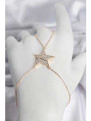 Uravas Store Pirinç Gold Renk Zirkon Taşlı Yıldız Model Kadın Şahmeran