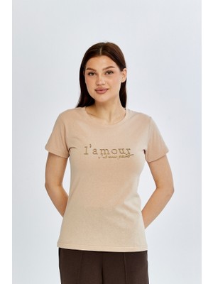 Trender Yazılı O Yaka Kadın T-Shirt L'mour Taş