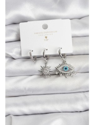 Toyigoo Mey Ithalat® Göz Model Gümüş Renk Pirinç 3'lü Kadın Küpe Seti TYGRSYT9573