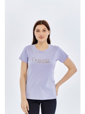 Trender Yazılı O Yaka Kadın T-Shirt L'mour Lila