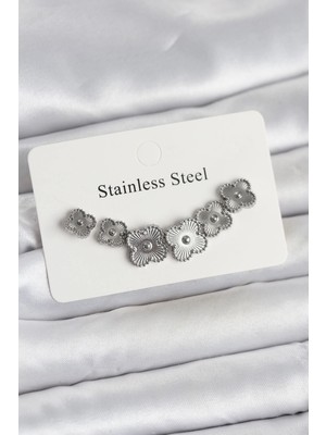 Toyigoo Mey Ithalat® 316L Çelik Gümüş Renk Yonca Küpe Seti TYGRSYT9573