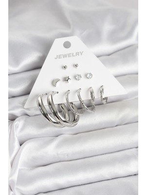 Toyigoo Mey Ithalat® Pirinç Gümüş Renk Halka Modelli 6 Çift Kadın Küpe TYGRSYT9573