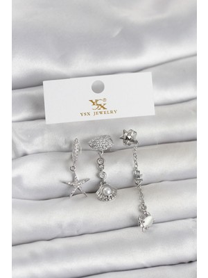 Toyigoo Mey Ithalat® Pirinç Gümüş Renk Zirkon Taşlı Deniz Temalı 3'lü Kadın Küpe TYGRSYT9573