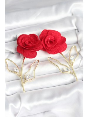 Toyigoo Mey Ithalat® Pirinç Gold Renk Kırmızı Gül Model Kadın Küpe TYGRSYT9573