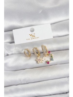 Venüs Shopping Mey Ithalat® Pirinç Gold Renk Çiçek Model 3'lü Kadın Küpe