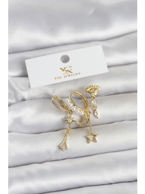 Getittir Pirinç Gold Renk Zirkon Taşlı Gece Temalı 3'lü Kadın Küpe - Lisinya