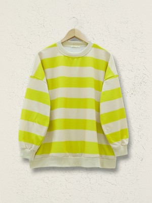 Modamorfo Yuvarlak Yaka Kalın Çizgili Oversize Sweat -Yağ Yeşili