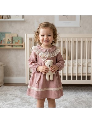 Tace Kids Kız Bebek Gül Kurusu Müslin Elbise - Dantel Yakalı Retro Vintage 9-24 Ay