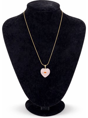 Pangu Pembe Doğal Taş ve Zirkon Detaylı Kalp Figürlü Altın Renk Çelik Kolye