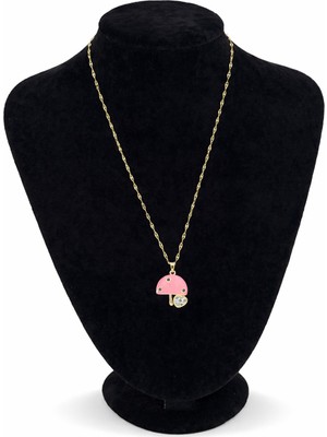 Pangu Mineli Mantar Figürlü Kalp Detaylı Zirkon Taşlı Altın Renk Çelik Kolye