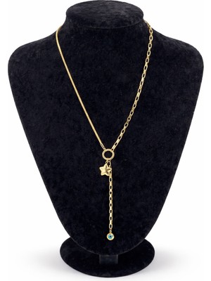 Pangu Yıldız ve Nazar Detaylı Altın Renk Çelik Kolye