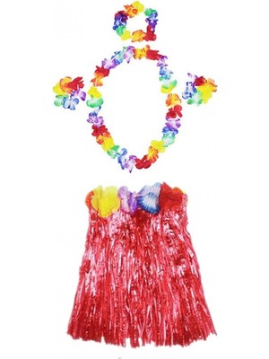 MiraLive Kırmızı Hawaii Seti - Kolye, Etek, Taç ve Bileklik