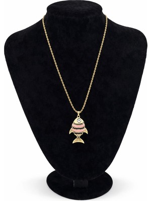 Pangu Renkli Mineli Balık Figürlü Altın Renk Çelik Kolye