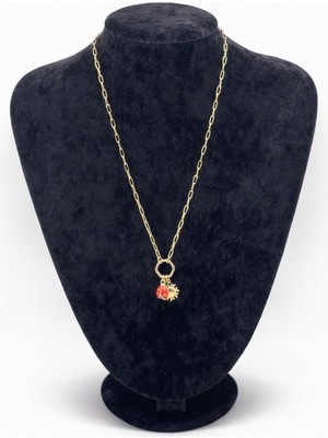 Pangu Uğur Böceği ve Güneş Figürlü Mineli Altın Renk Çelik Kolye