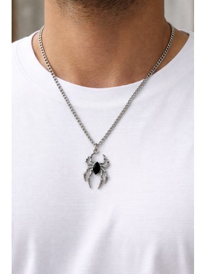 Herşey Nota Siyah Taşlı Örümcek Kolye Gümüş Renk 60 cm Zincir Unisex Metal Aksesuar