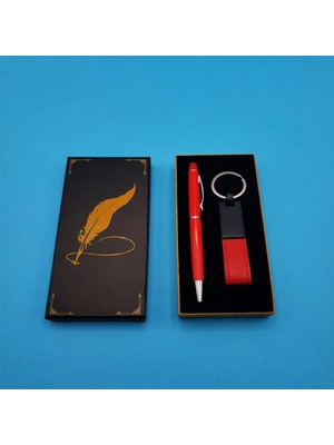 MiraLive Kutulu Kırmızı Deri Anahtarlık ve Touchpen Tükenmez Kalem Hediye Seti