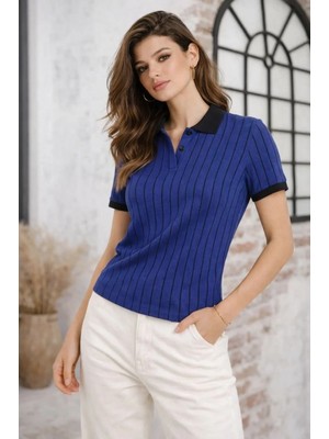 Kadın Polo Yaka Çizgili Tişört Kısa Kol Düğmeli Yazlık T-Shirt