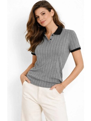 Kadın Polo Yaka Çizgili Tişört Kısa Kol Düğmeli Yazlık T-Shirt