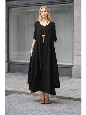 Barbora Keten Günlük Yazlık Salaş Kadın Iki Katlı  Elbise