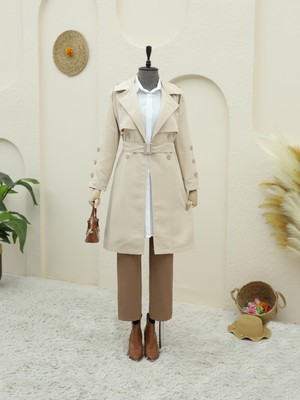 Modamorfo Iç Astarlı Düğmeli Kemerli Trençkot  -Taş