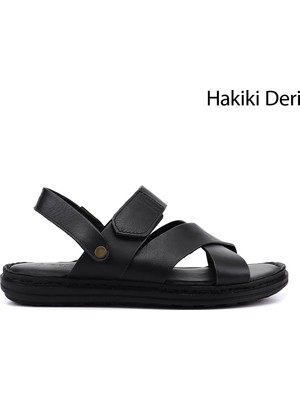 Gönderi(r) Erkek Siyah  Hakiki Deri Comfort Sandalet