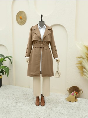 Modamorfo Düğmeli Kemerli Trençkot Vizon Renk Pamuk - Polyester Malzeme ile Modern Stil