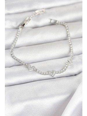 Store Mania Ieg™ Pirinç Gümüş Renk Kalp Model Zirkon Taşlı Su Yolu Kadın Bileklik - TJ-BB8374