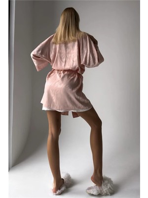 Coccolarsi Serenata Mattutina Pudra Pembesi Jakarlı Saten Gecelik ve Sabahlık Takımı