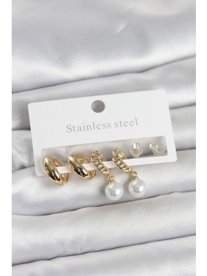 Store Mania Ieg™ 316L Çelik Gold Renk Inci Halka Detaylı Kadın Küpe Seti - TJ-BKP11697