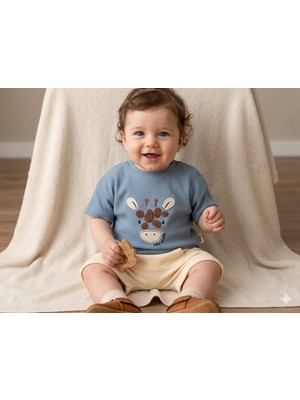 Vovido Zürafa Nakışlı Mavi Erkek Bebek Takım