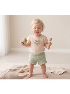 Beyaz Bebek Çiçek Nakışlı Yeşil Turkuaz Müslin Kız Bebek Takım