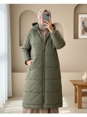 Modamorfo Sabit Kapşonlu Kuş Gözü Detaylı Uzun Kaban   -Haki