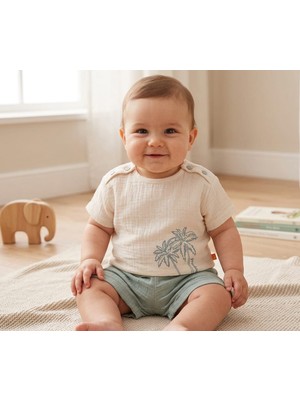 Beyaz Bebek Palmiye Baskılı Mint Yeşili Müslin Erkek Bebek Takım