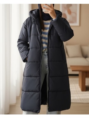 Modamorfo Sabit Kapşonlu Kuş Gözü Detaylı Uzun Kaban  -Laci