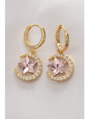 Krm Pirinç Gold Renk Pembe Zirkon Taşlı Yıldız Detay Ay Küpe Krm