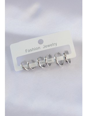 Krm Pirinç Gümüş Renk Oval Bombeli Küpe Seti Krm